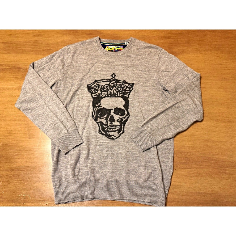 Robert Graham Mens S Merino Wool Sweater Gray Skull Crown Graphic Crewneck